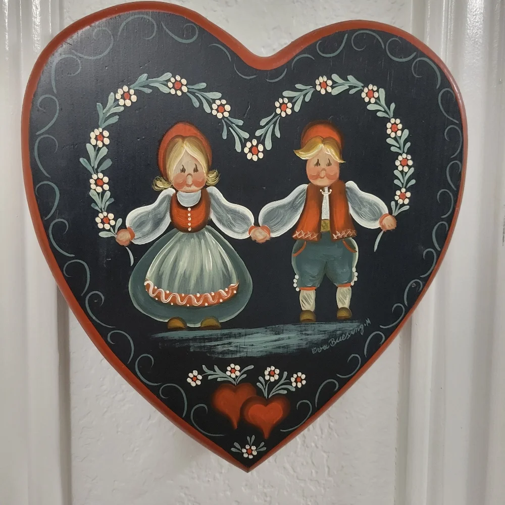 Dutch Folk Art Painted Couple Wooden Heart Plaque